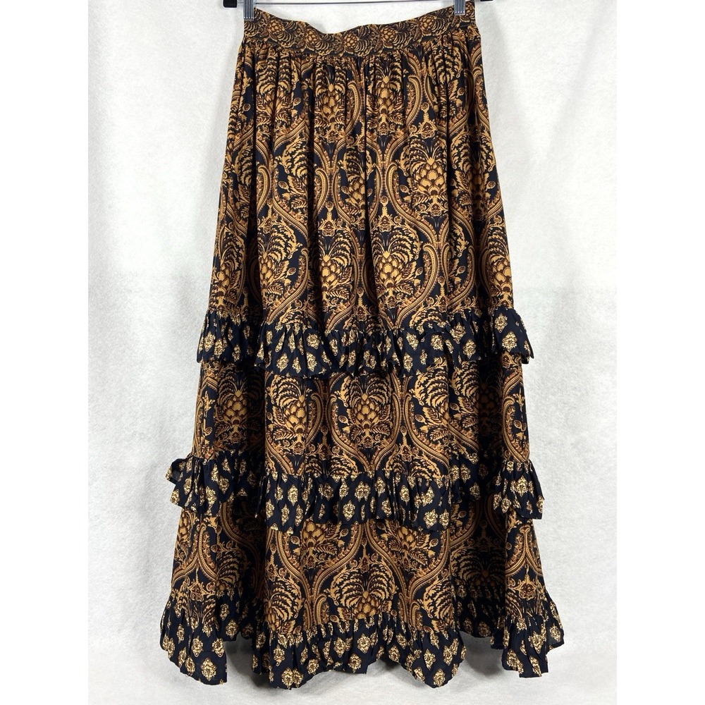 A Loves A Maxi Skirt Women's Medium Brown Tiered Ruffle Damask Boho Chic EUC